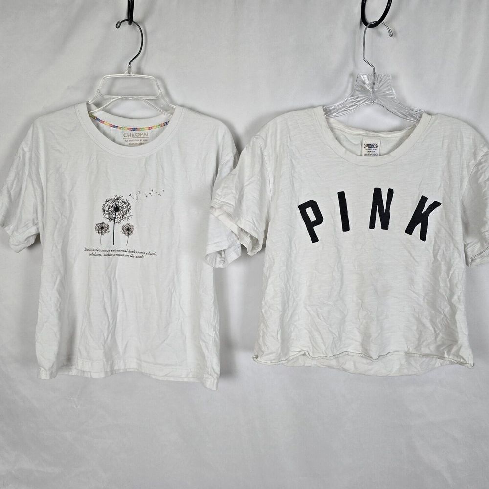 Pink Victoria's Secret & Chaopai T-Shirts Women's M White Crop Short Sleeve